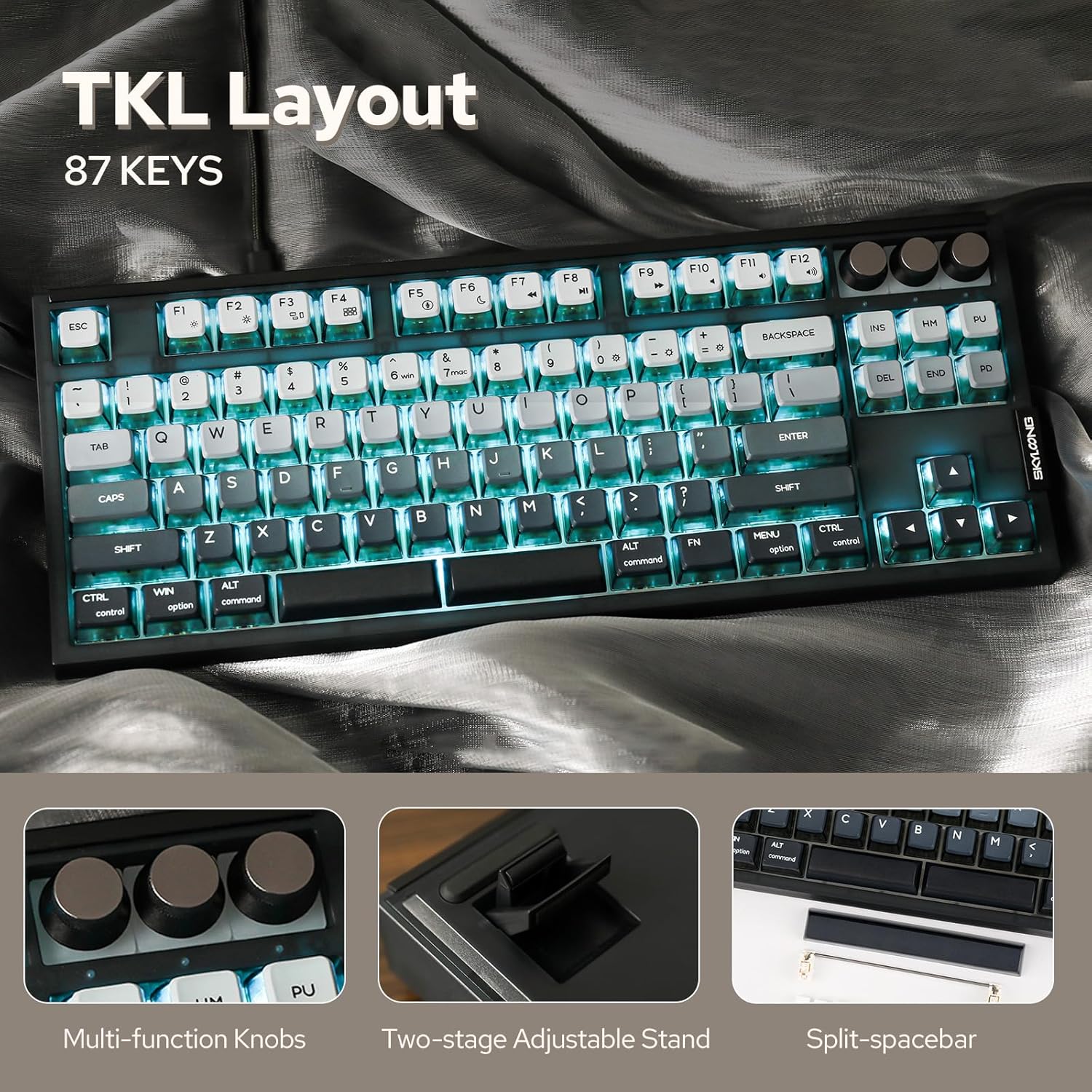 EPOMAKER SKYLOONG GK87 QMK/Via Clavier mécanique Filaire TKL avec 3 Boutons rotatifs, échange à Chaud, Programmable, Barre d'espace divisée, pour Win/Mac (QMK White, Flamingo Mechanical)